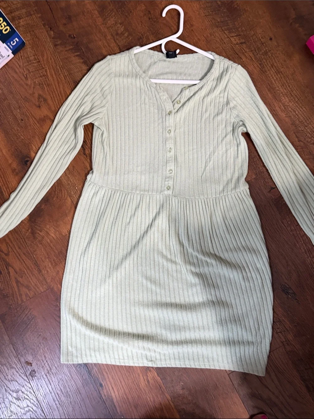 art class Sage Green Ribbed Button-Front Long Sleeve Dress